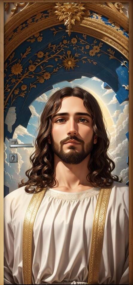 Adesivo Para Porta Pintura de Jesus em Frente um Portal Dourado