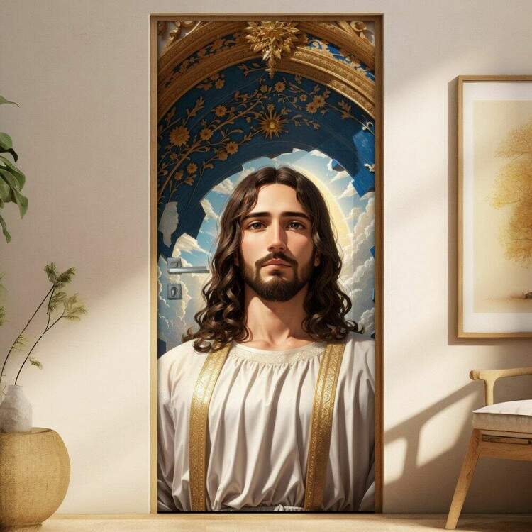 Adesivo Para Porta Pintura de Jesus em Frente um Portal Dourado