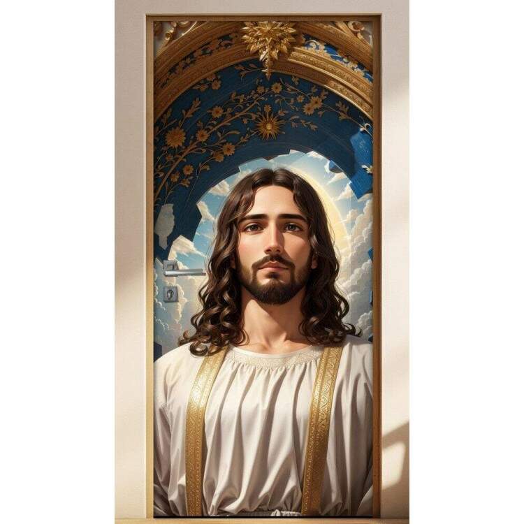 Adesivo Para Porta Pintura de Jesus em Frente um Portal Dourado