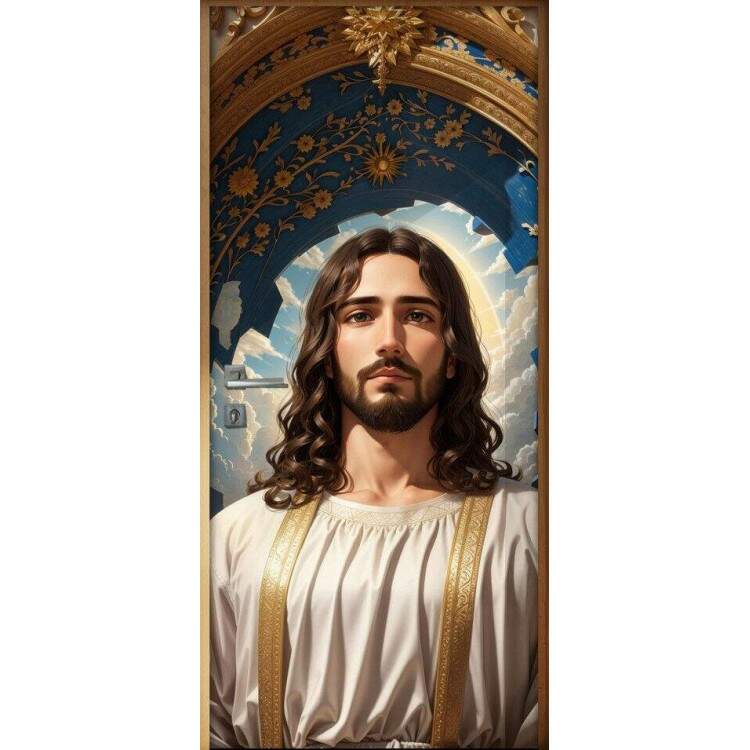 Adesivo Para Porta Pintura de Jesus em Frente um Portal Dourado