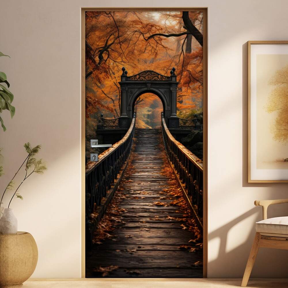 Adesivo Para Porta Ponte Antiga em Meio as rvores