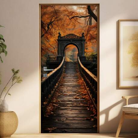 Adesivo Para Porta Ponte Antiga em Meio as rvores