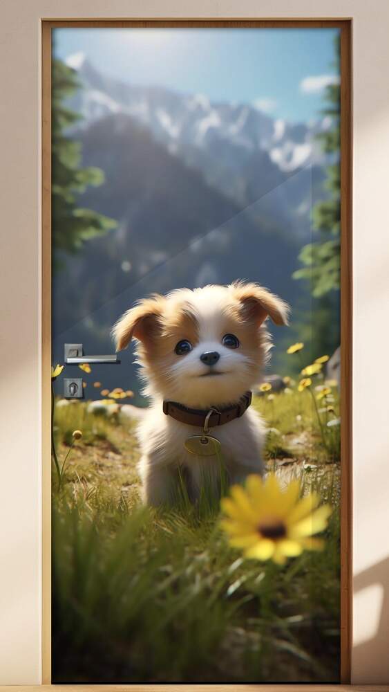 Adesivo Para Porta Cachorrinho no Pasto com Montanha no Fundo