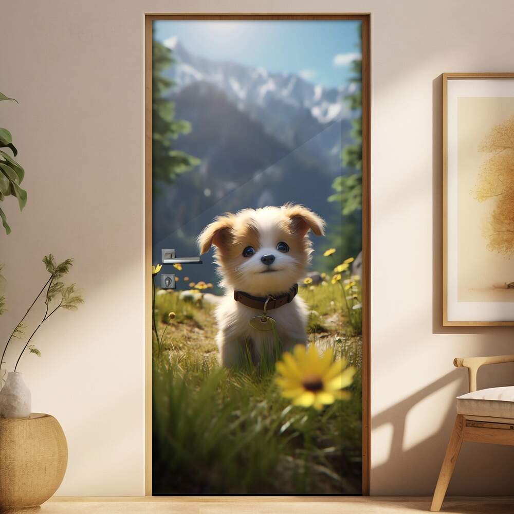 Adesivo Para Porta Cachorrinho no Pasto com Montanha no Fundo