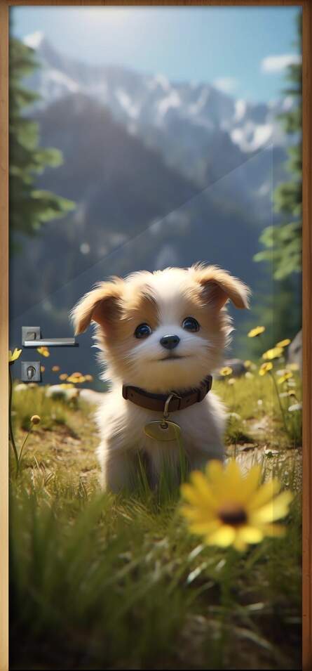 Adesivo Para Porta Cachorrinho no Pasto com Montanha no Fundo