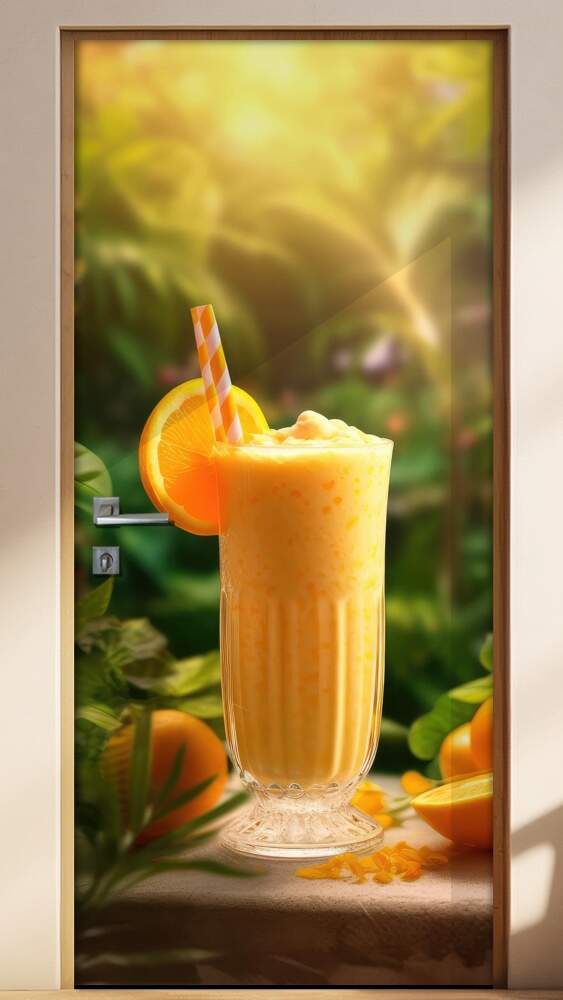 Adesivo Para Porta Copo de Suco de Laranja com Fundo de Folhas