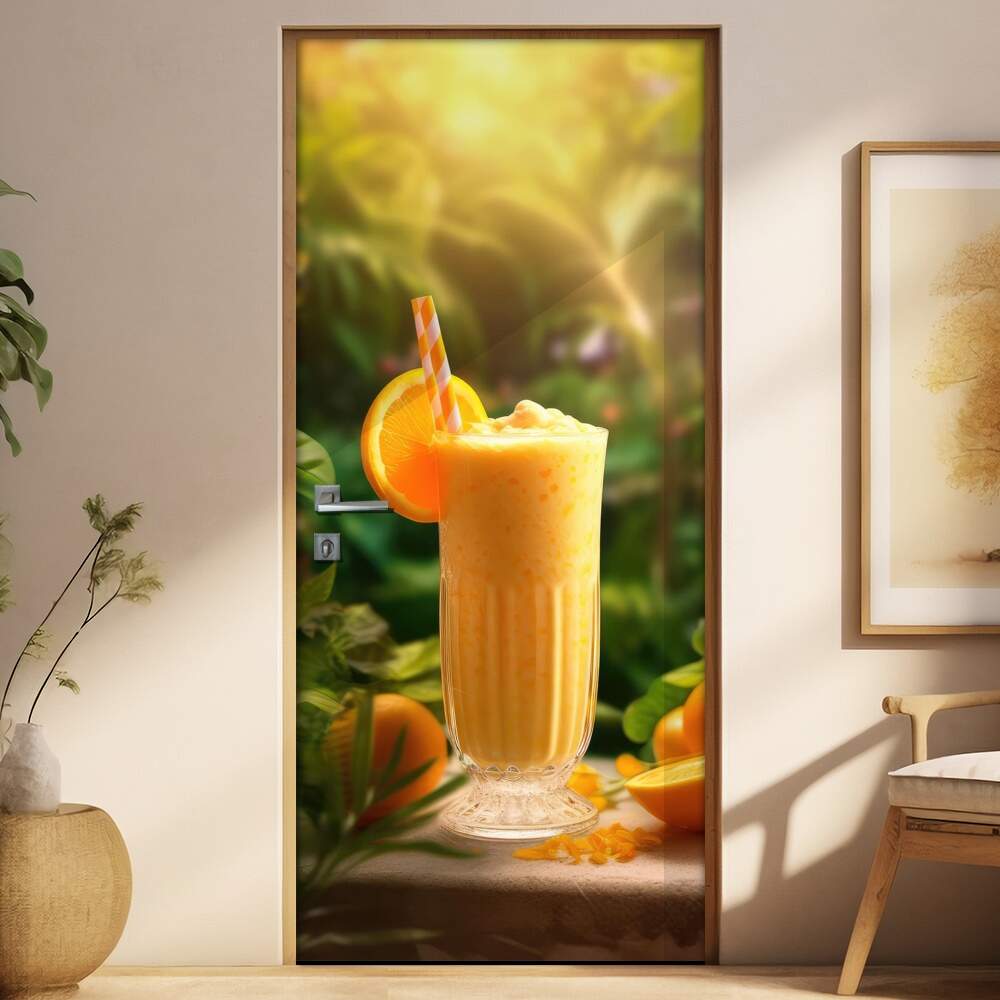 Adesivo Para Porta Copo de Suco de Laranja com Fundo de Folhas