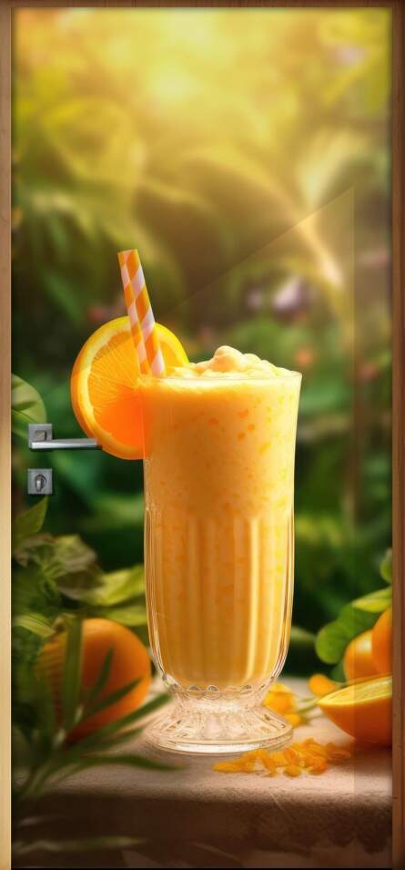 Adesivo Para Porta Copo de Suco de Laranja com Fundo de Folhas