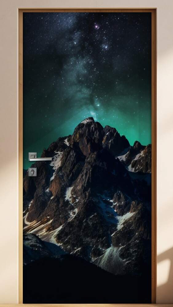 Adesivo Para Porta Montanha com Aurora Boreal no Espa�o