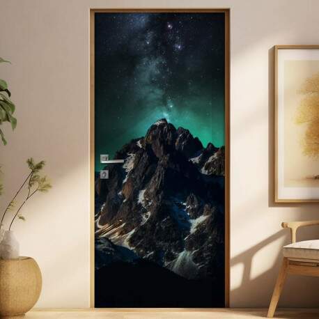Adesivo Para Porta Montanha com Aurora Boreal no Espao