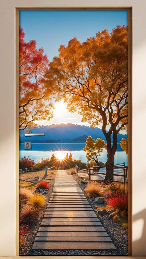 Adesivo Para Porta Primavera com �rvores e Rio