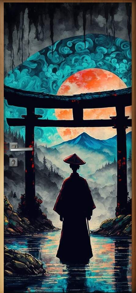 Adesivo Para Porta Pintura de Samurai com Montanhas e Sol
