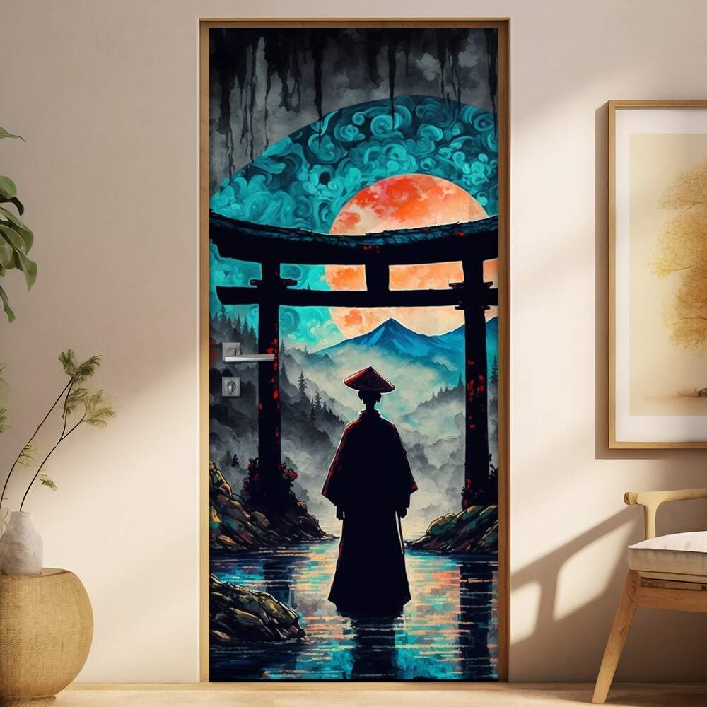 Adesivo Para Porta Pintura de Samurai com Montanhas e Sol