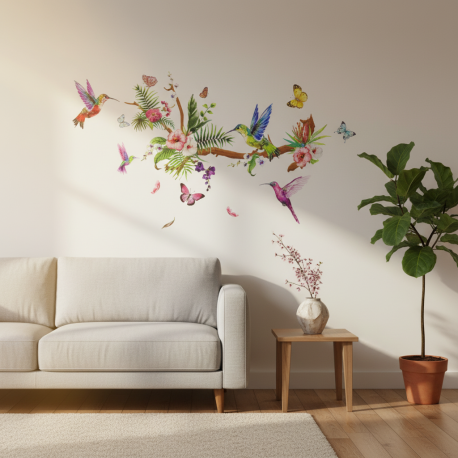 Adesivo de Parede Floral Galhos com Lindos Passros e Flores