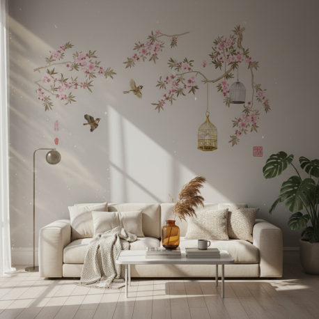 Adesivo de Parede Floral Delicado em Galhos com Pssaros