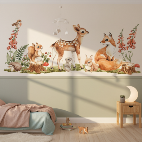 Adesivo de Parede Floral com Raposas e Coelhos