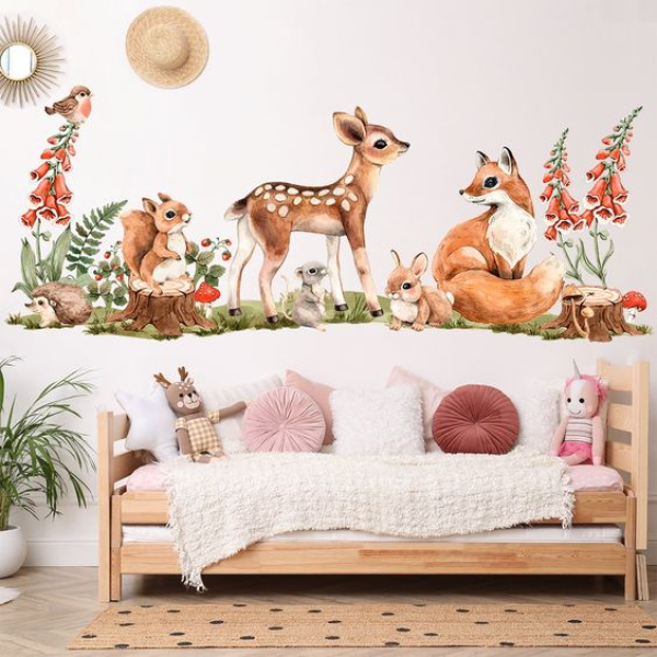 Adesivo de Parede Floral com Raposas e Coelhos