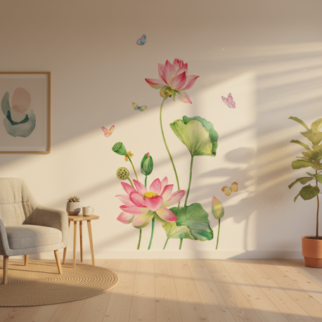 Adesivo de Parede Floral Rosa com Borboletas