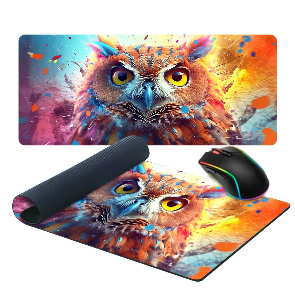 Mouse Pad 70x30cm Animais Coruja Colorido Abstrato