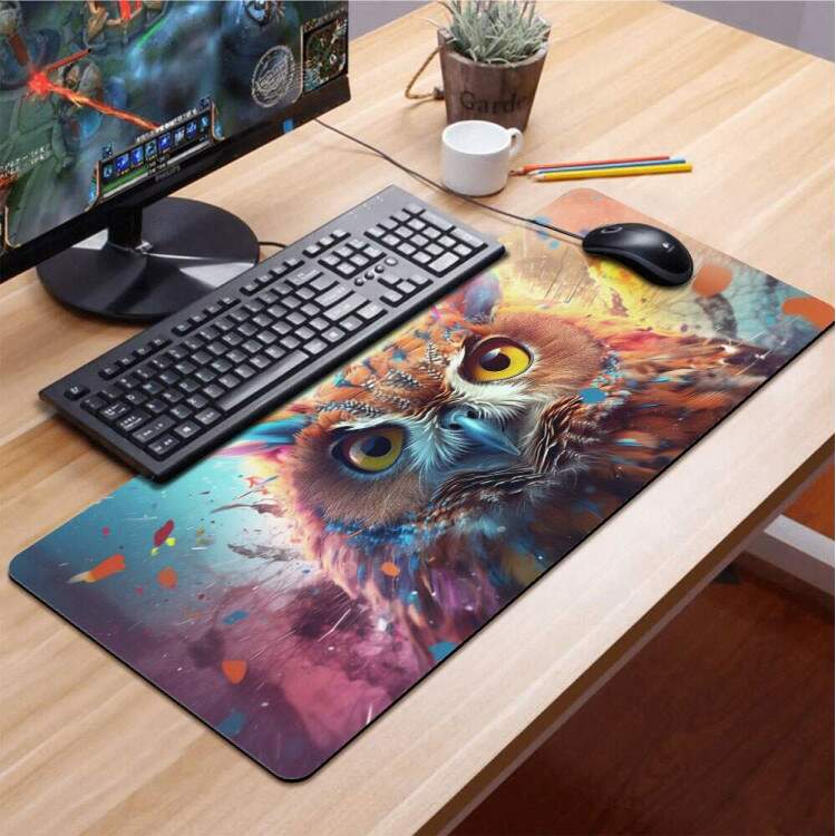 Mouse Pad 70x30cm Animais Coruja Colorido Abstrato