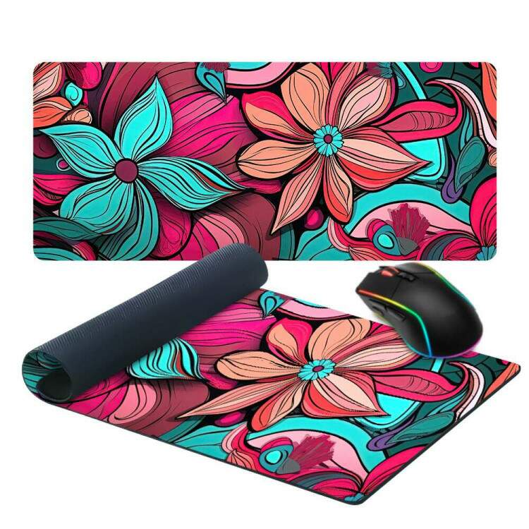 Mouse Pad 70x30cm Flores Rosa e Verde-gua