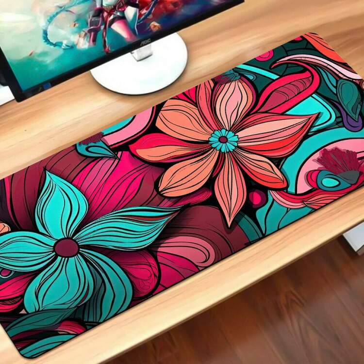 Mouse Pad 70x30cm Flores Rosa e Verde-gua