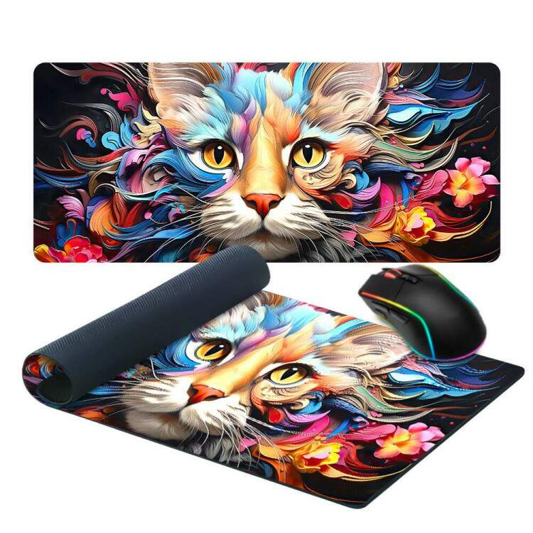 Mouse Pad 70x30cm Animais Gato Colorido Estilo Abstrato