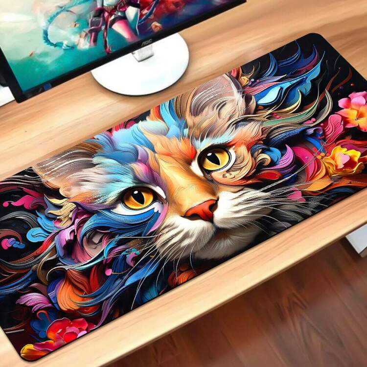 Mouse Pad 70x30cm Animais Gato Colorido Estilo Abstrato