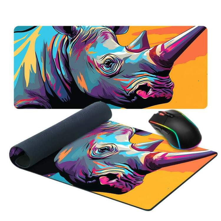 Mouse Pad 70x30cm Animais Rinoceronte Colorido