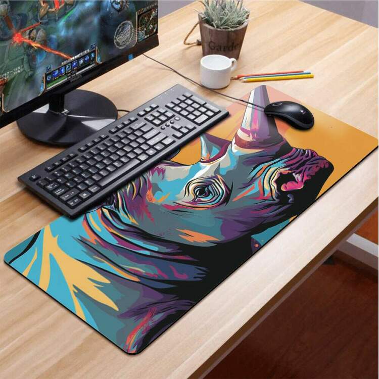 Mouse Pad 70x30cm Animais Rinoceronte Colorido