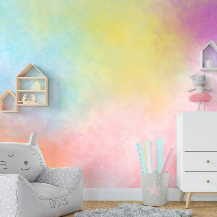 Papel de Parede Estilo Aquarela Azul, Rosa e Amarelo MP