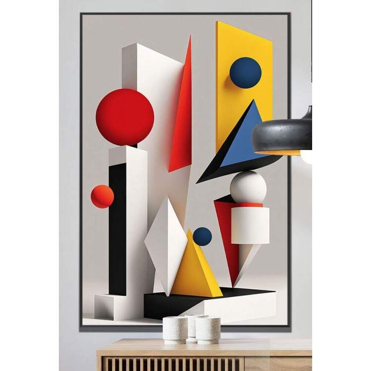 Quadro Decorativo Abstrato Formas Geomtricas Vermelho, Azul e Amarelo