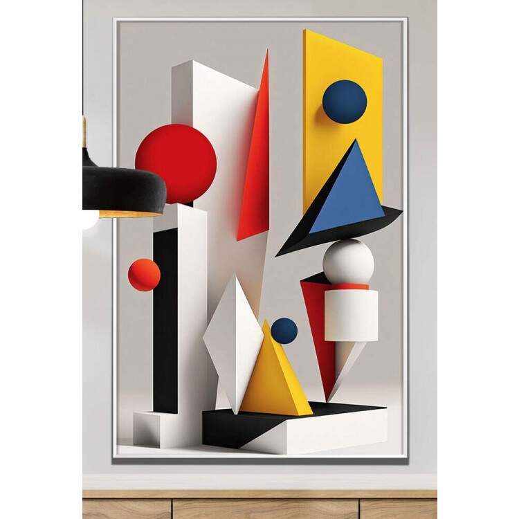 Quadro Decorativo Abstrato Formas Geomtricas Vermelho, Azul e Amarelo