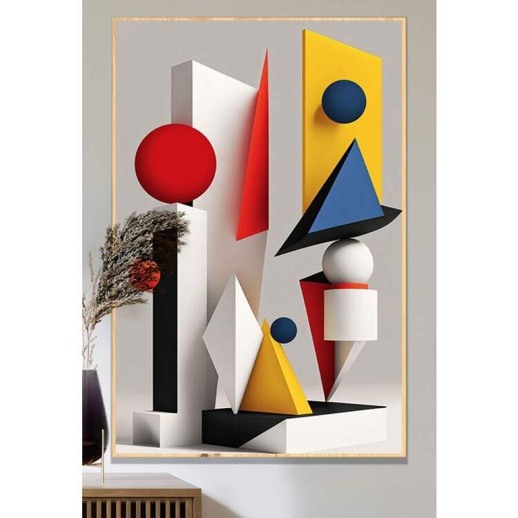 Quadro Decorativo Abstrato Formas Geomtricas Vermelho, Azul e Amarelo