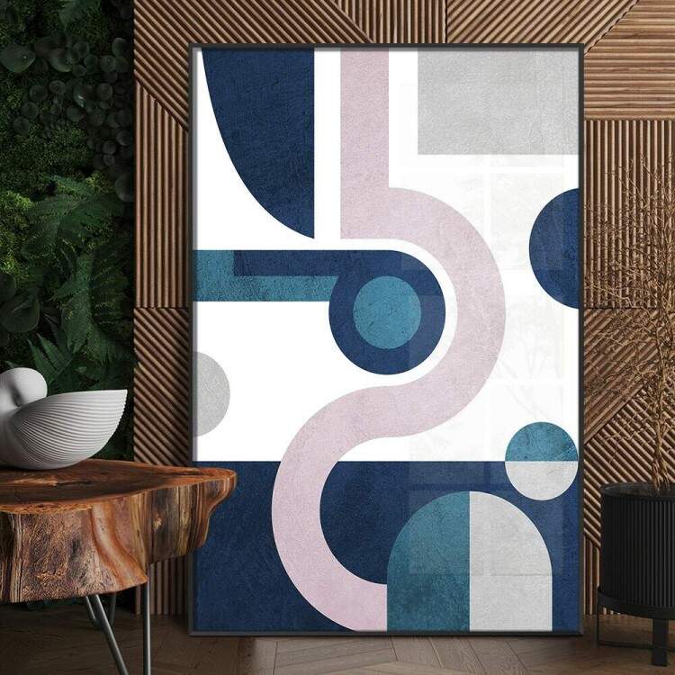 Quadro Decorativo Abstrato Geomtrico Tons de Azul e Rosa