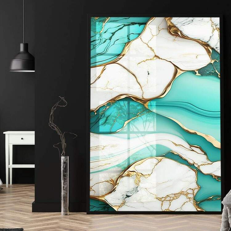 Quadro Decorativo Abstrato Estilo Mrmore Verde-gua e Branco