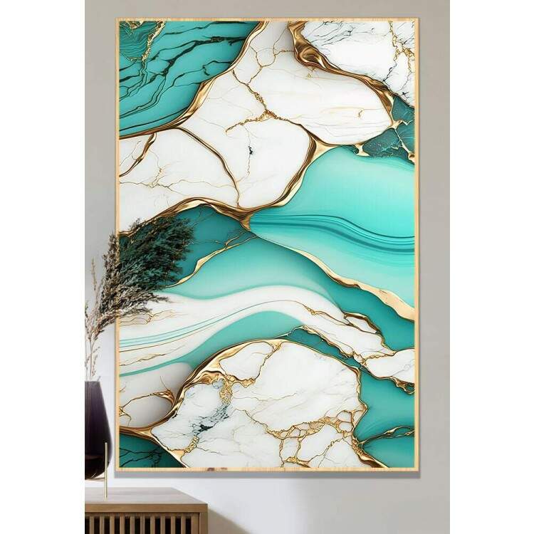 Quadro Decorativo Abstrato Estilo Mrmore Verde-gua e Branco