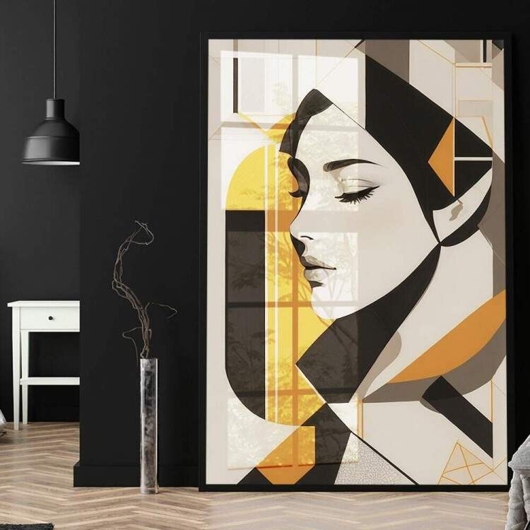 Quadro Decorativo Abstrato Perfil de Mulher Preto e Laranja