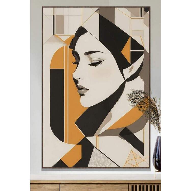 Quadro Decorativo Abstrato Perfil de Mulher Preto e Laranja