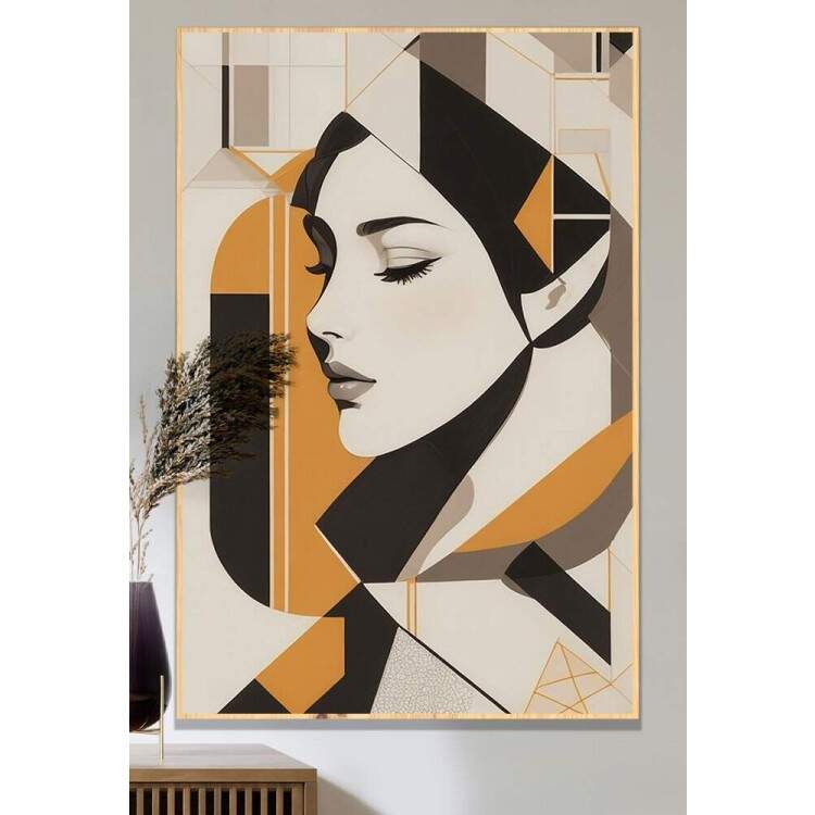 Quadro Decorativo Abstrato Perfil de Mulher Preto e Laranja