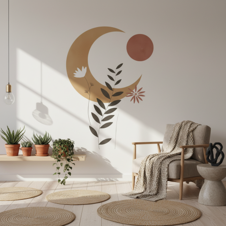 Adesivo de Parede Lua e Folha Contempornea Minimalista Boho