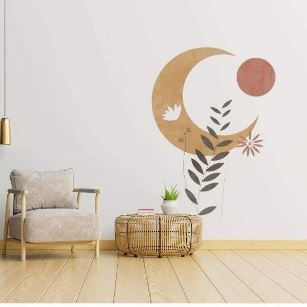 Adesivo de Parede Lua e Folha Contempornea Minimalista Boho