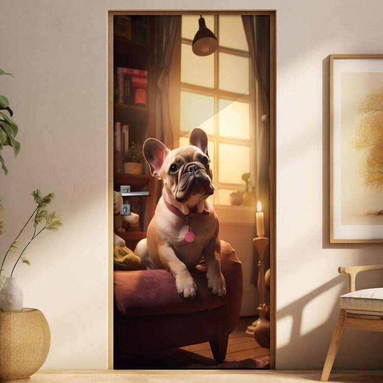 Adesivo de Porta Cachorro Bulldog Sentado em Sof