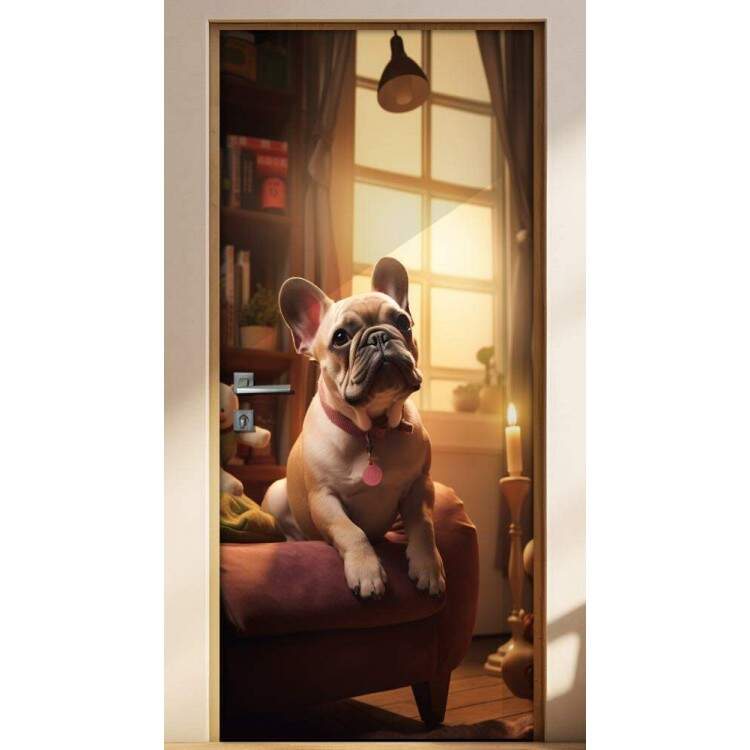 Adesivo de Porta Cachorro Bulldog Sentado em Sof