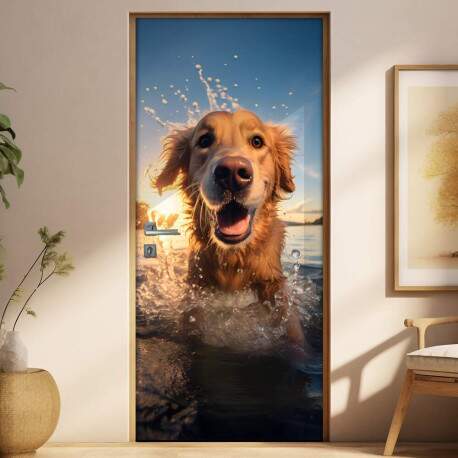 Adesivo de Porta Golden Retriever em Rio Iluminado