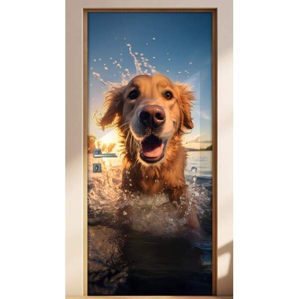 Adesivo de Porta Golden Retriever em Rio Iluminado