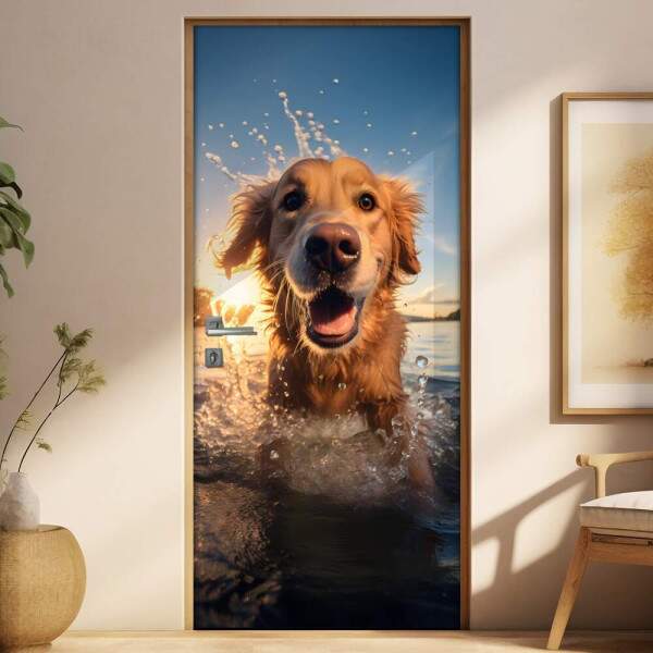 Adesivo de Porta Golden Retriever em Rio Iluminado