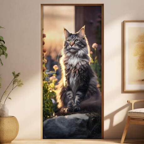 Adesivo de Porta Gato Maine Coon em Jardim