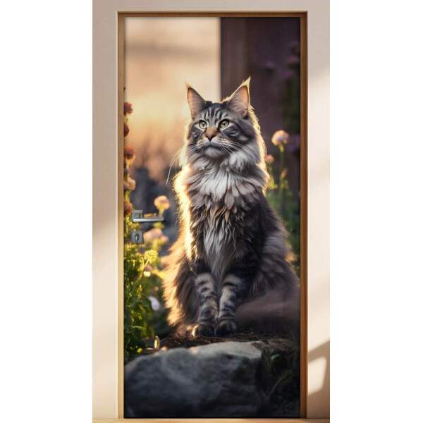 Adesivo de Porta Gato Maine Coon em Jardim