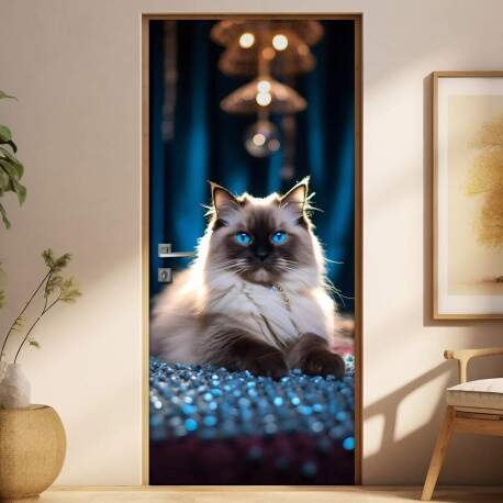 Adesivo de Porta Gato Ragdoll em Ambiente Azul Luxuoso